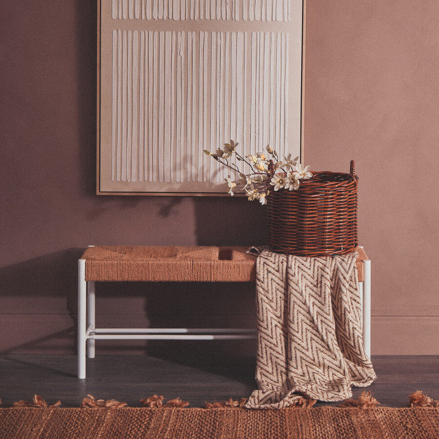 Large Natural Rope White Beechwood Bench with Handwoven Seat