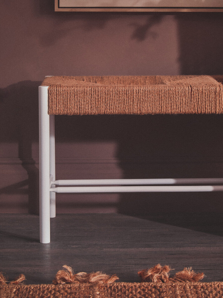 Large Natural Rope White Beechwood Bench with Handwoven Seat