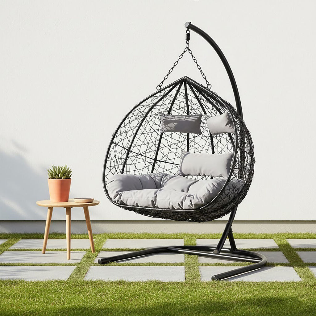 Black Rattan Effect Double Hanging Egg Chair with Sledge Base