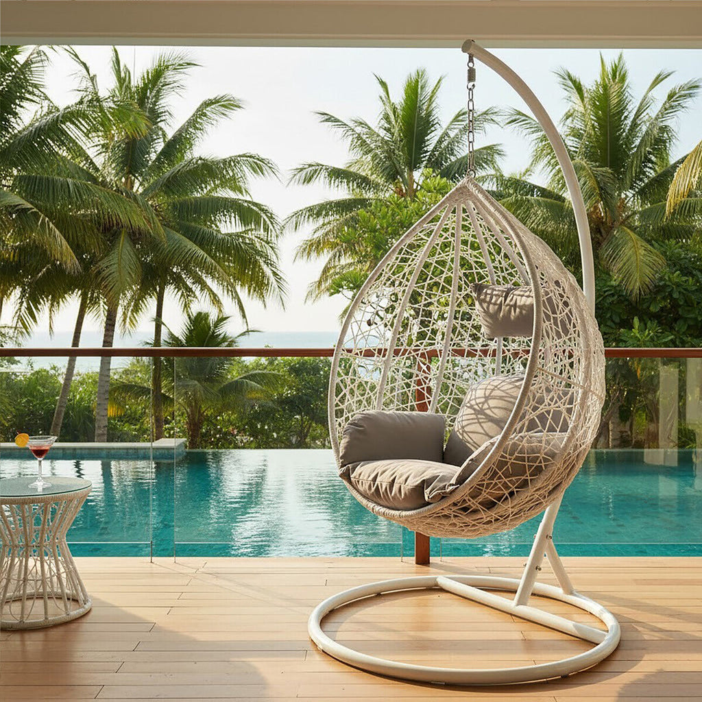 White Rattan Effect Hanging Egg Chair with Grey Cushions