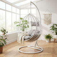 White Rattan Effect Hanging Egg Chair with Grey Cushions