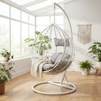 White Rattan Effect Hanging Egg Chair with Grey Cushions