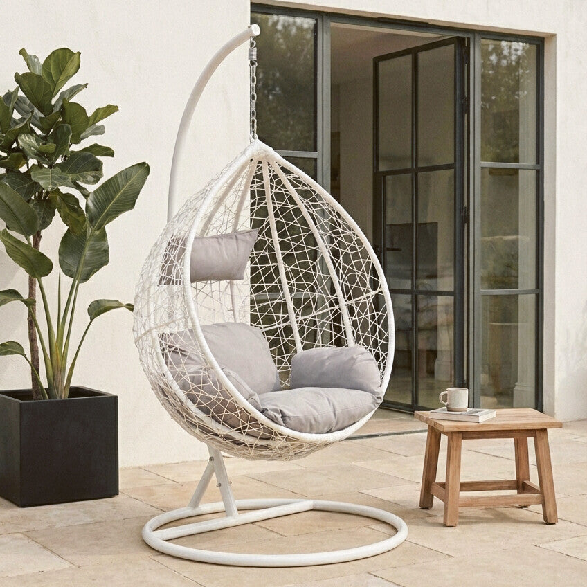 White Rattan Effect Hanging Egg Chair with Grey Cushions