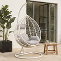 White Rattan Effect Hanging Egg Chair with Grey Cushions