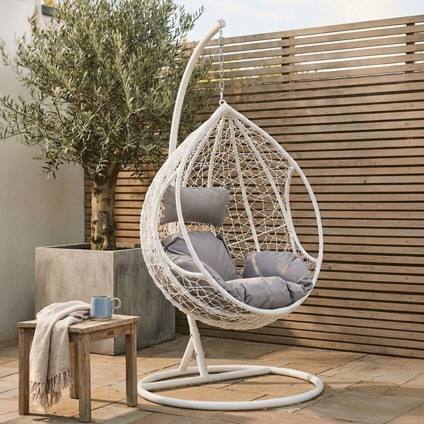 White Rattan Effect Hanging Egg Chair with Cutout Sides