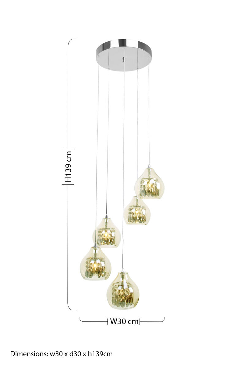 Smoked Glass and Chrome 5 Pendant Light