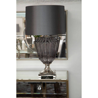 Smoke Glass Table Lamp with Grey Silk Shade