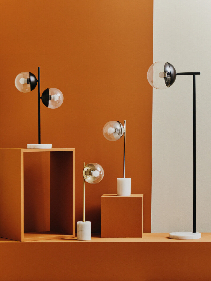 Two Light Black Metal and Marble Table Lamp
