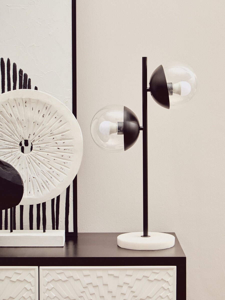Two Light Black Metal and Marble Table Lamp