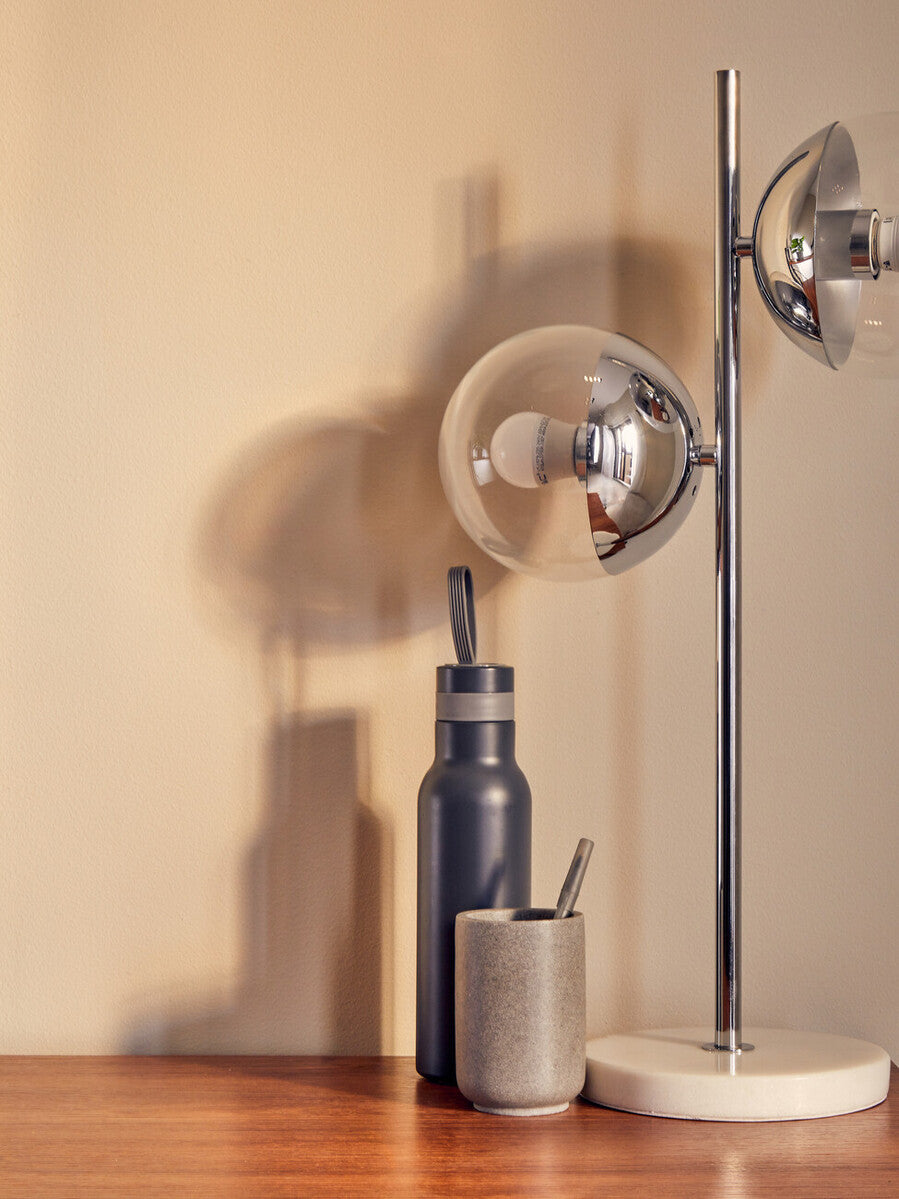 Two Light Chrome and White Marble Table Lamp