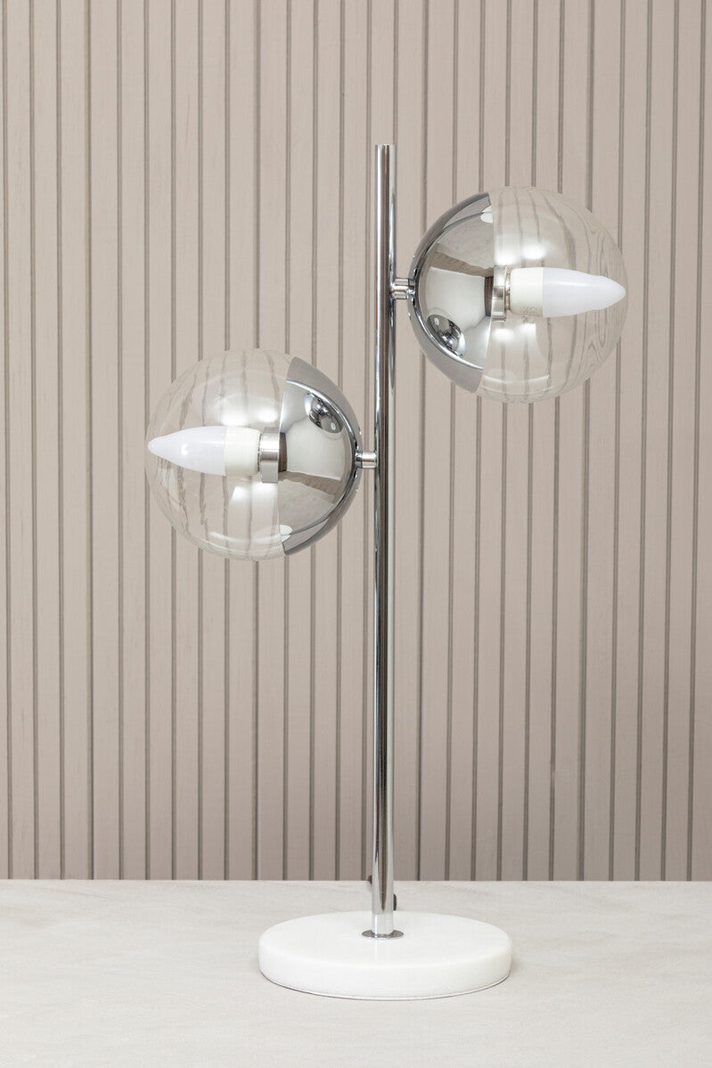 Two Light Chrome and White Marble Table Lamp