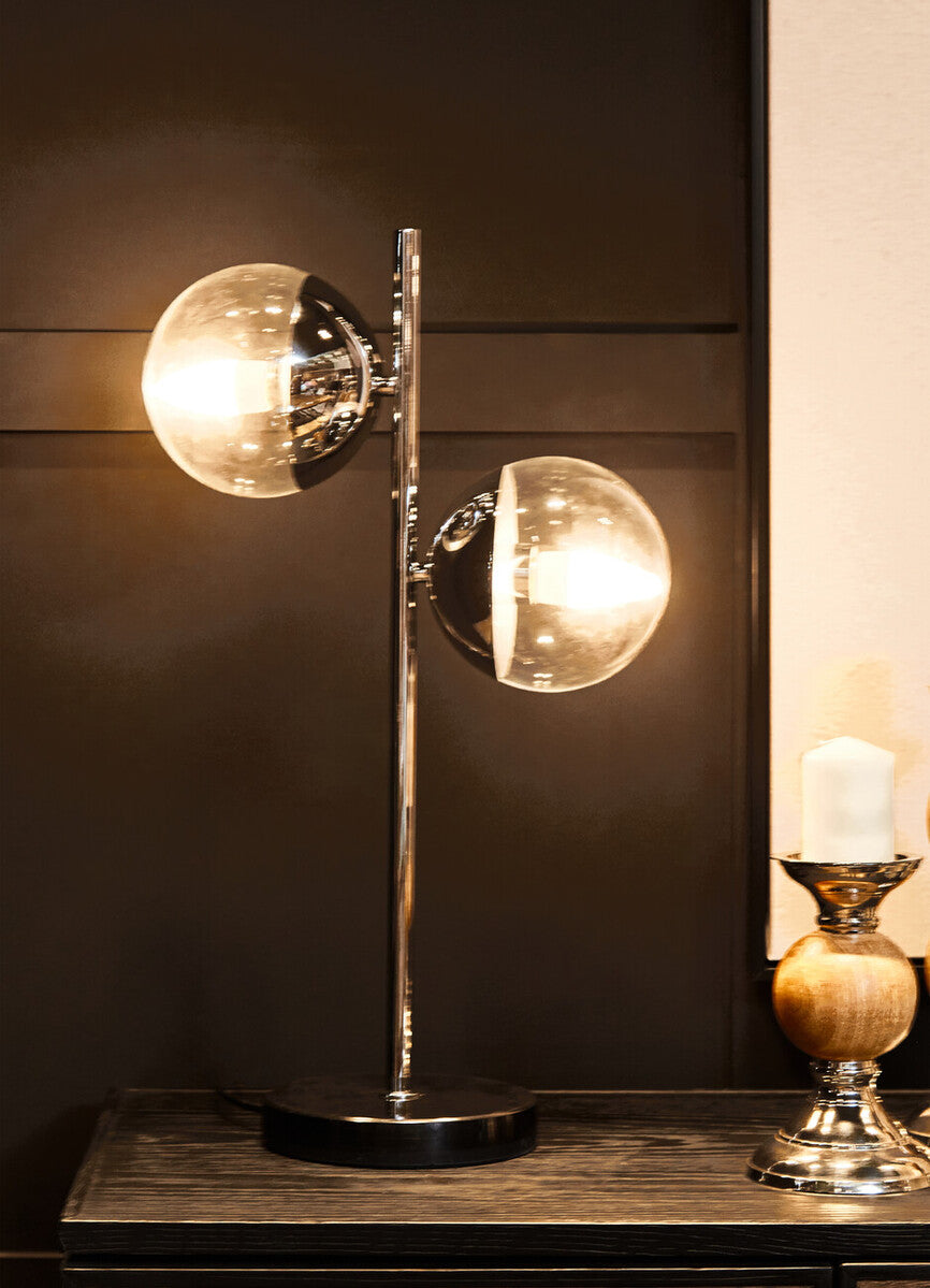 Two Light Chrome and White Marble Table Lamp