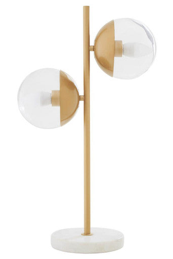Two Light Gold Finish Table Lamp with White Marble Base