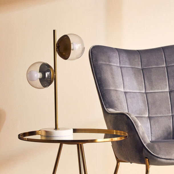 Two Light Gold Finish Table Lamp with White Marble Base