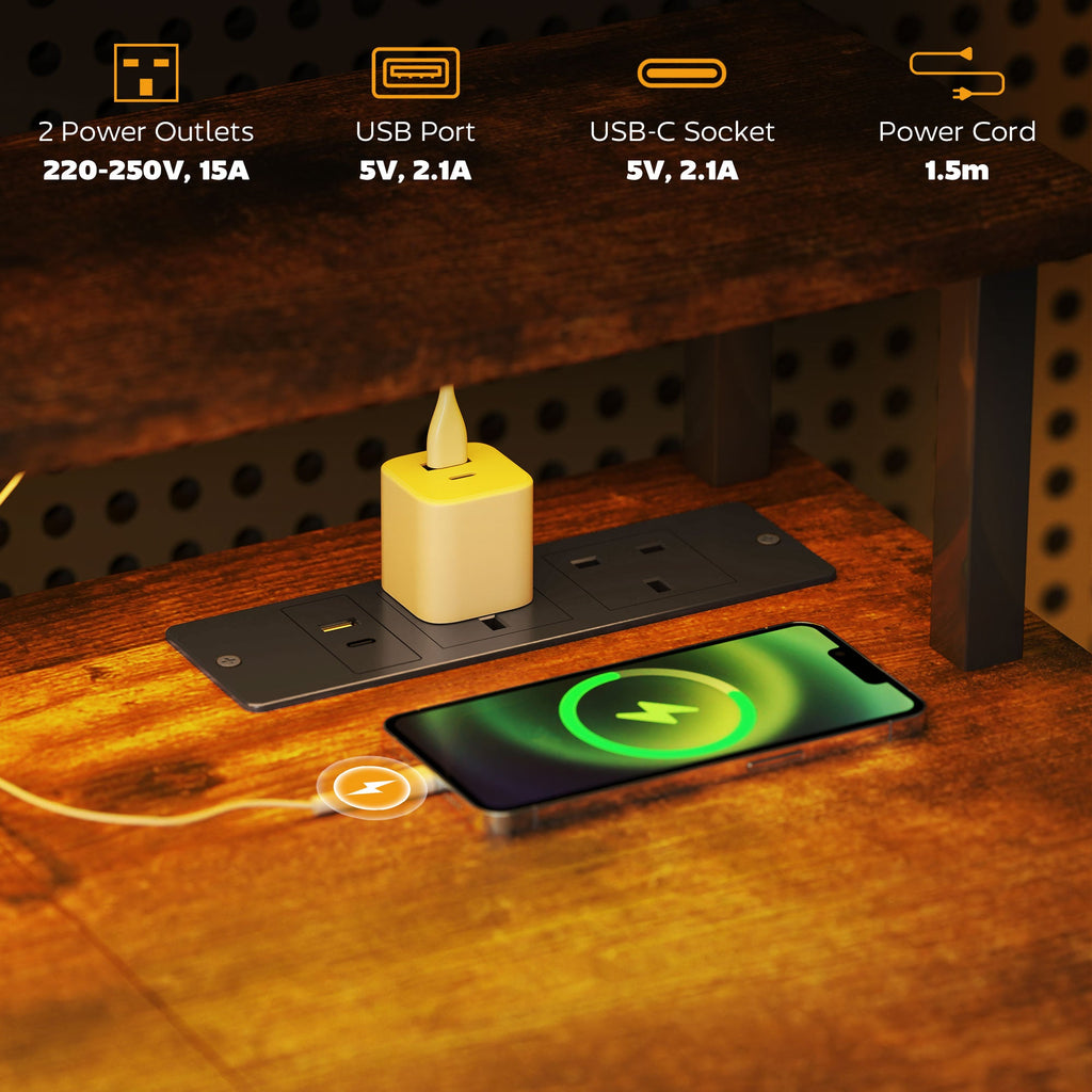 Computer Desk with Power Outlets and LED Lights, 120 x 50cm Reversible Home Office Desk with Monitor Stand and 2-Tier Storage Shelves, Gaming Desk with Cable Management, Rustic Brown