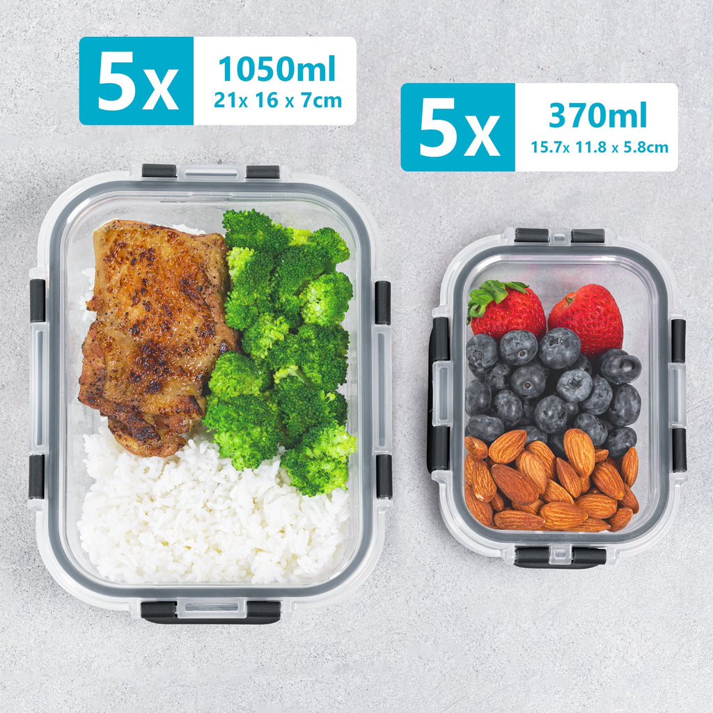 Glass Food Storage Containers 2 Sizes 1050ml and 370ml 10 Pack