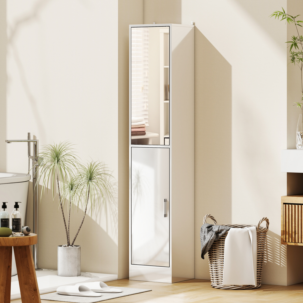 Tall Bathroom Cabinet with Mirror, High Gloss White