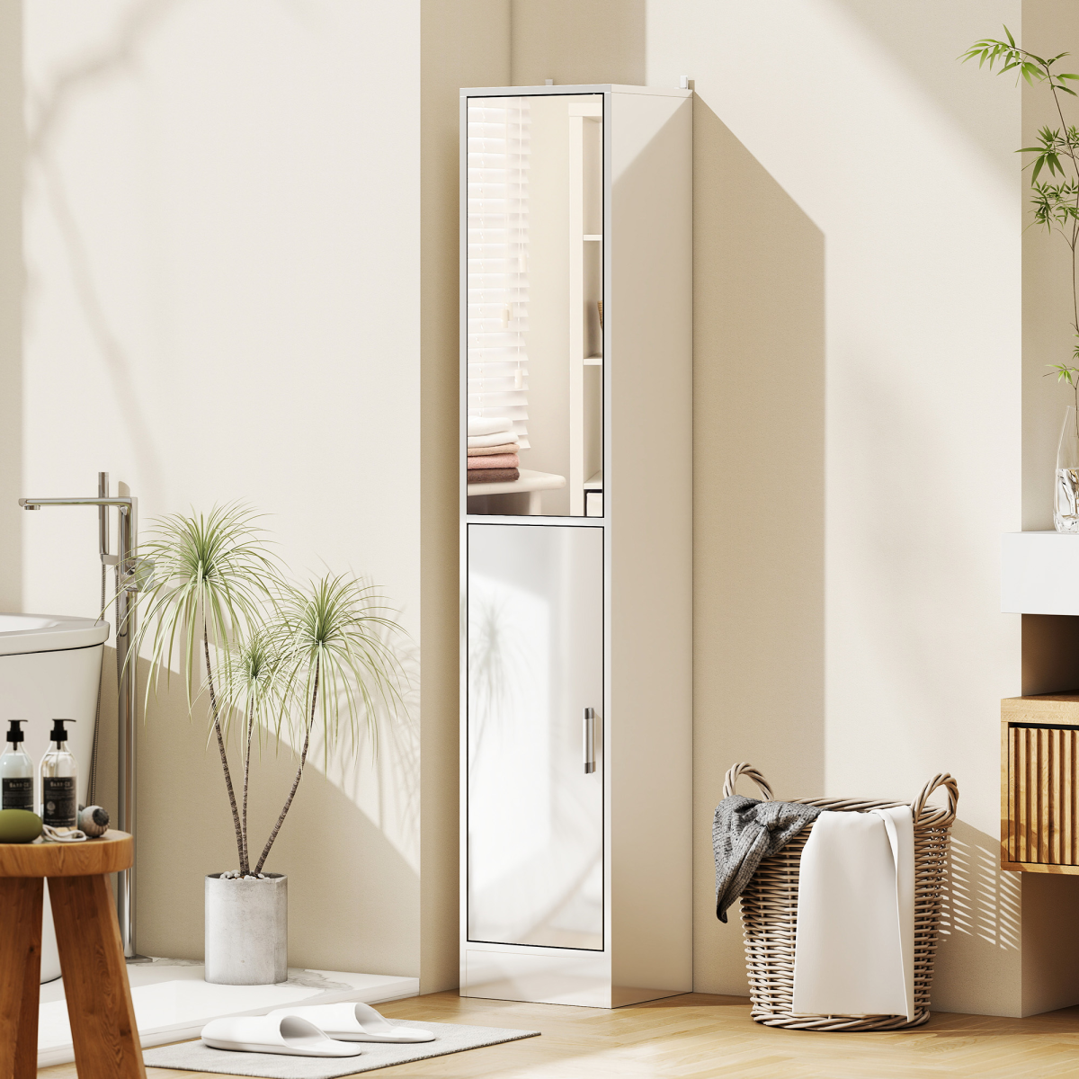 Tall Bathroom Cabinet with Mirror, High Gloss White