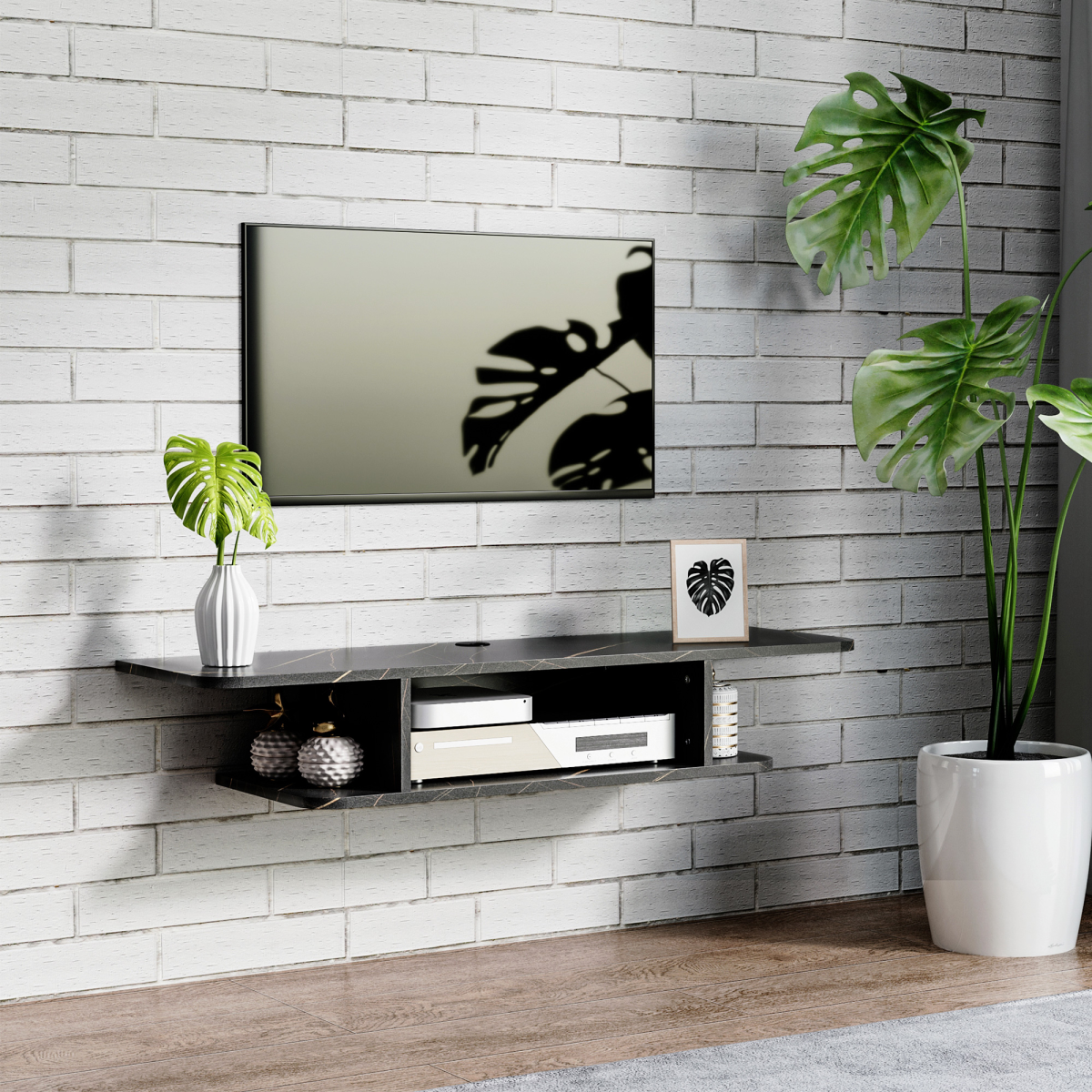 Wall Mounted TV Stand Entertainment Unit with Storage Shelf, Black