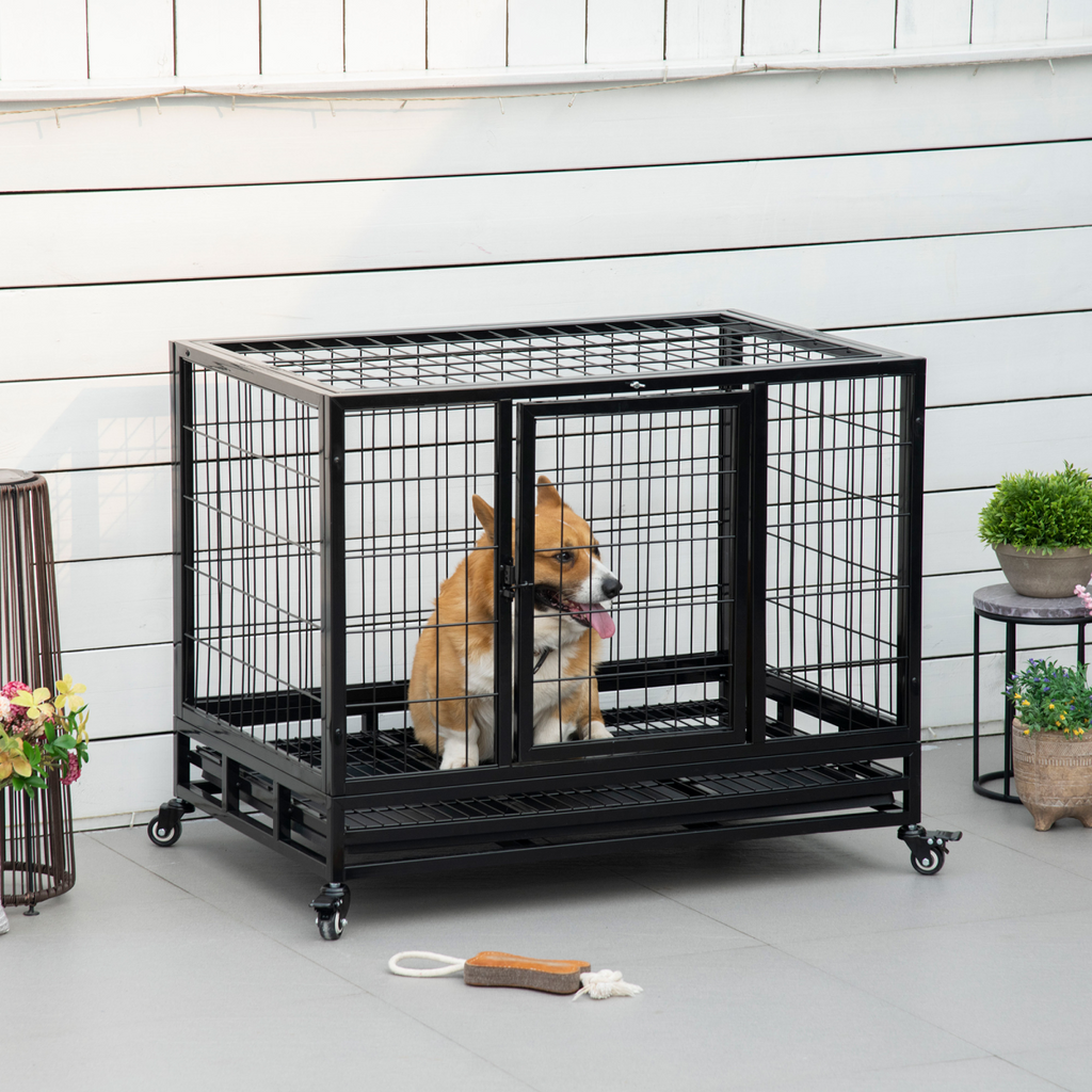 36 inch Heavy Duty Metal Dog Crate Pet Cage with Tray Wheeled Dog Kennel - Black (Medium)