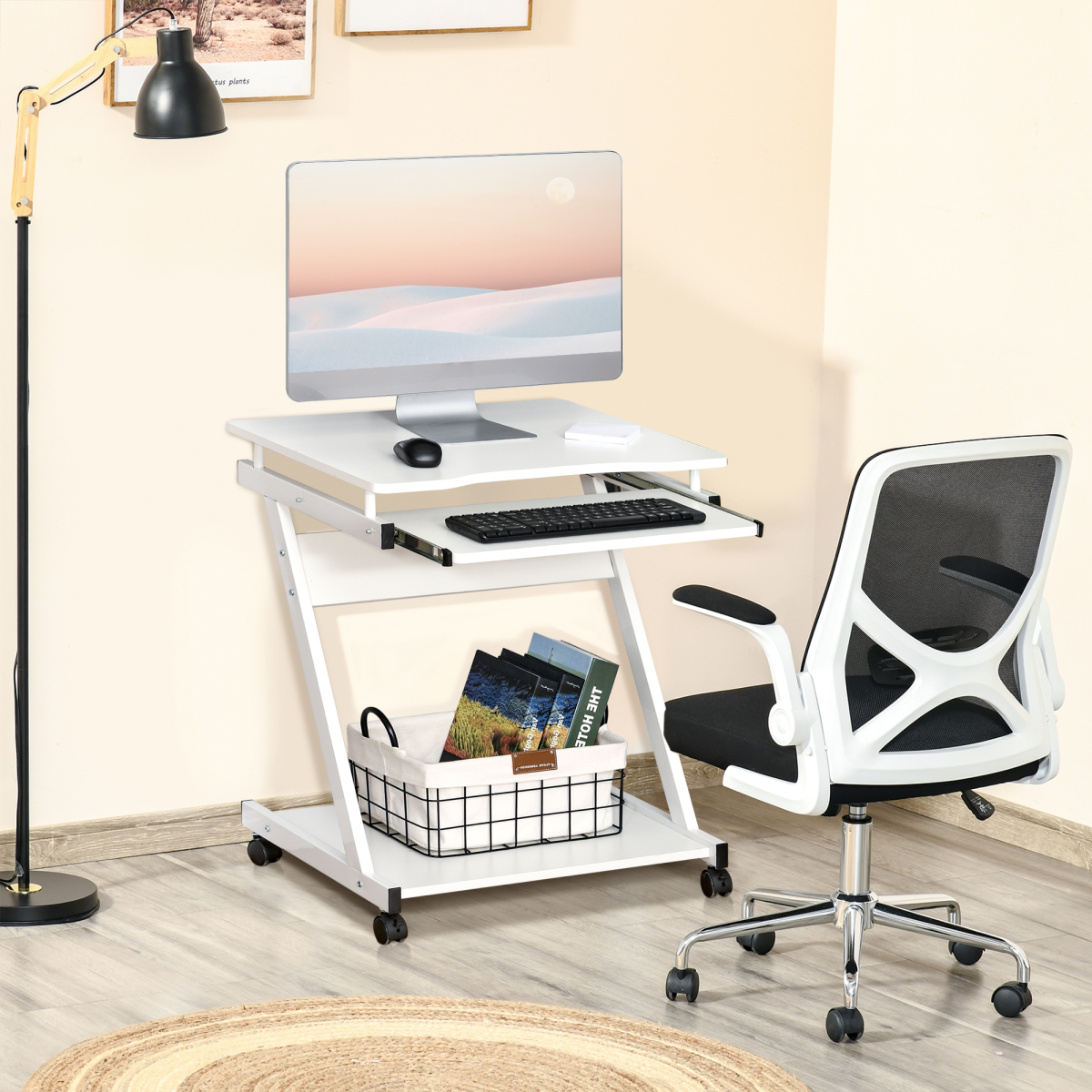 Movable Computer Desk with 4 Moving Wheels Sliding Keyboard Tray White
