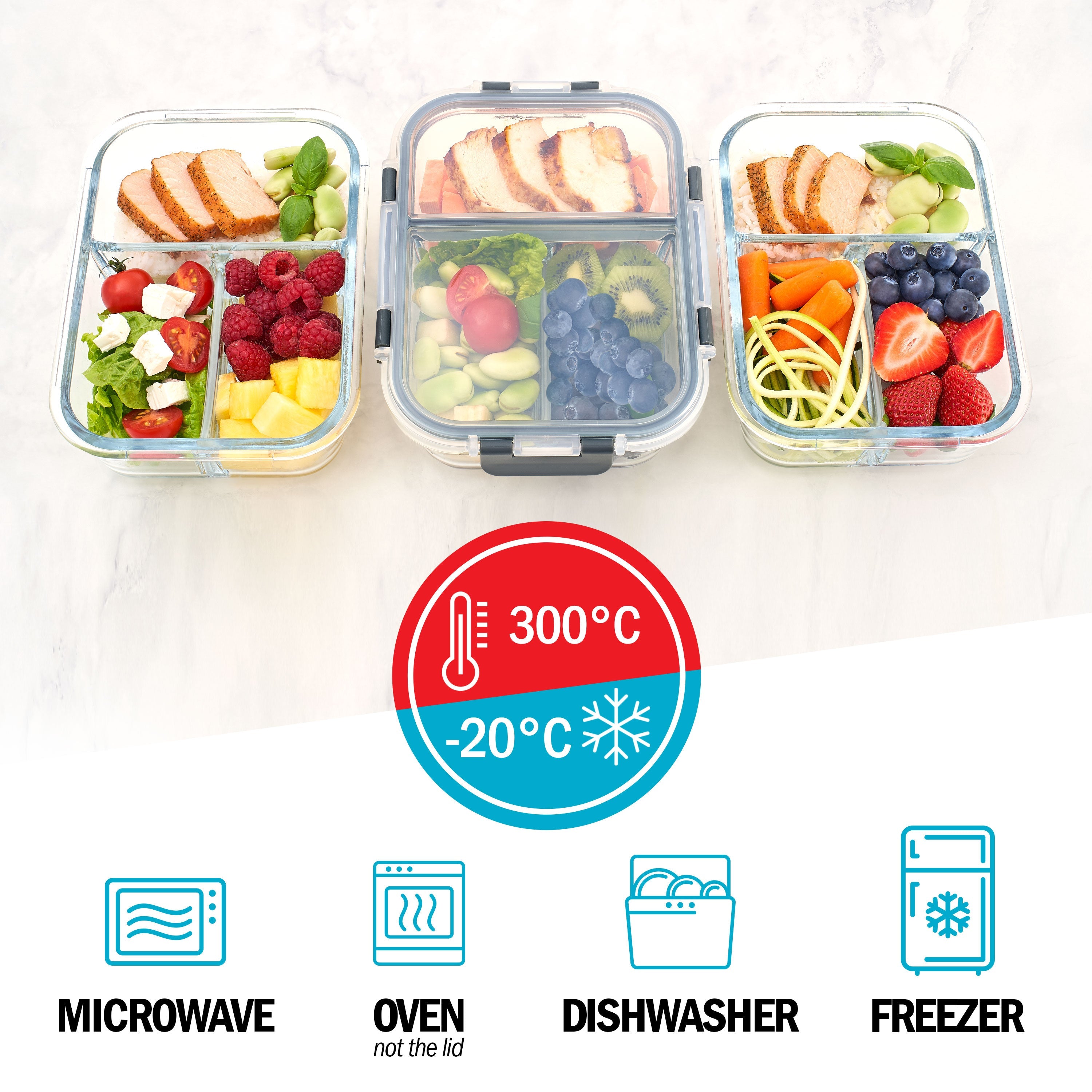3-Compartment Glass Containers with Airtight Lids 980ml 3 Pack