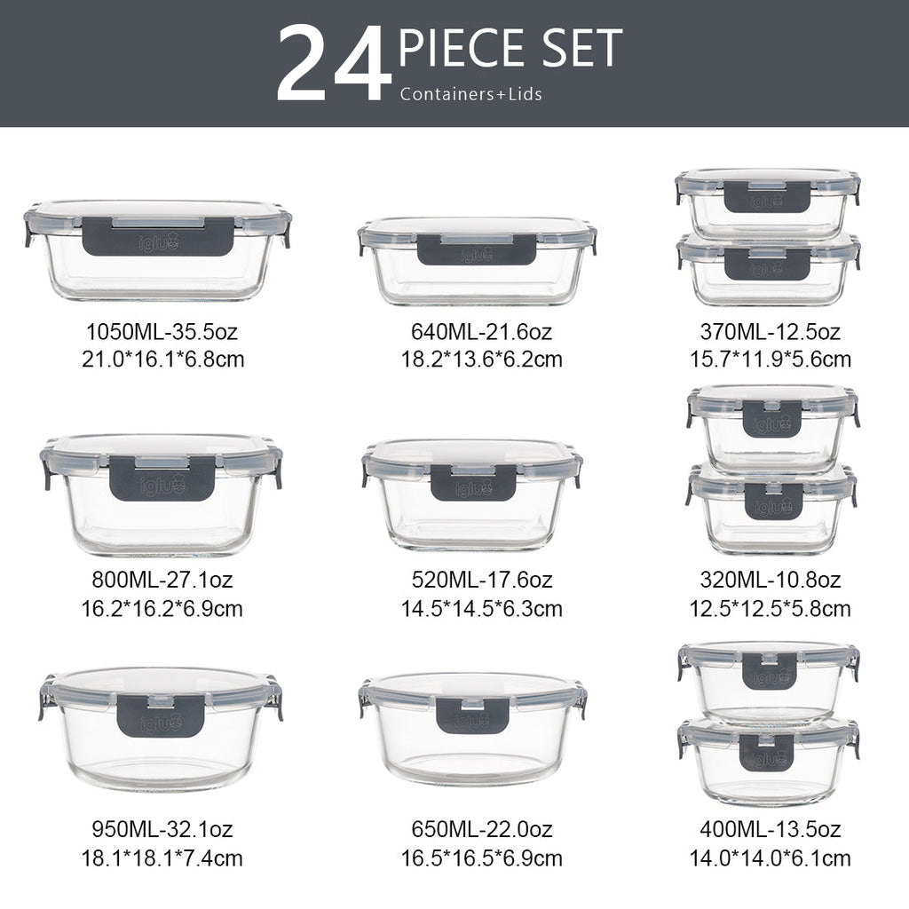 Glass Food Storage Containers with Airtight Lids - Assorted Sizes - 12 PACK