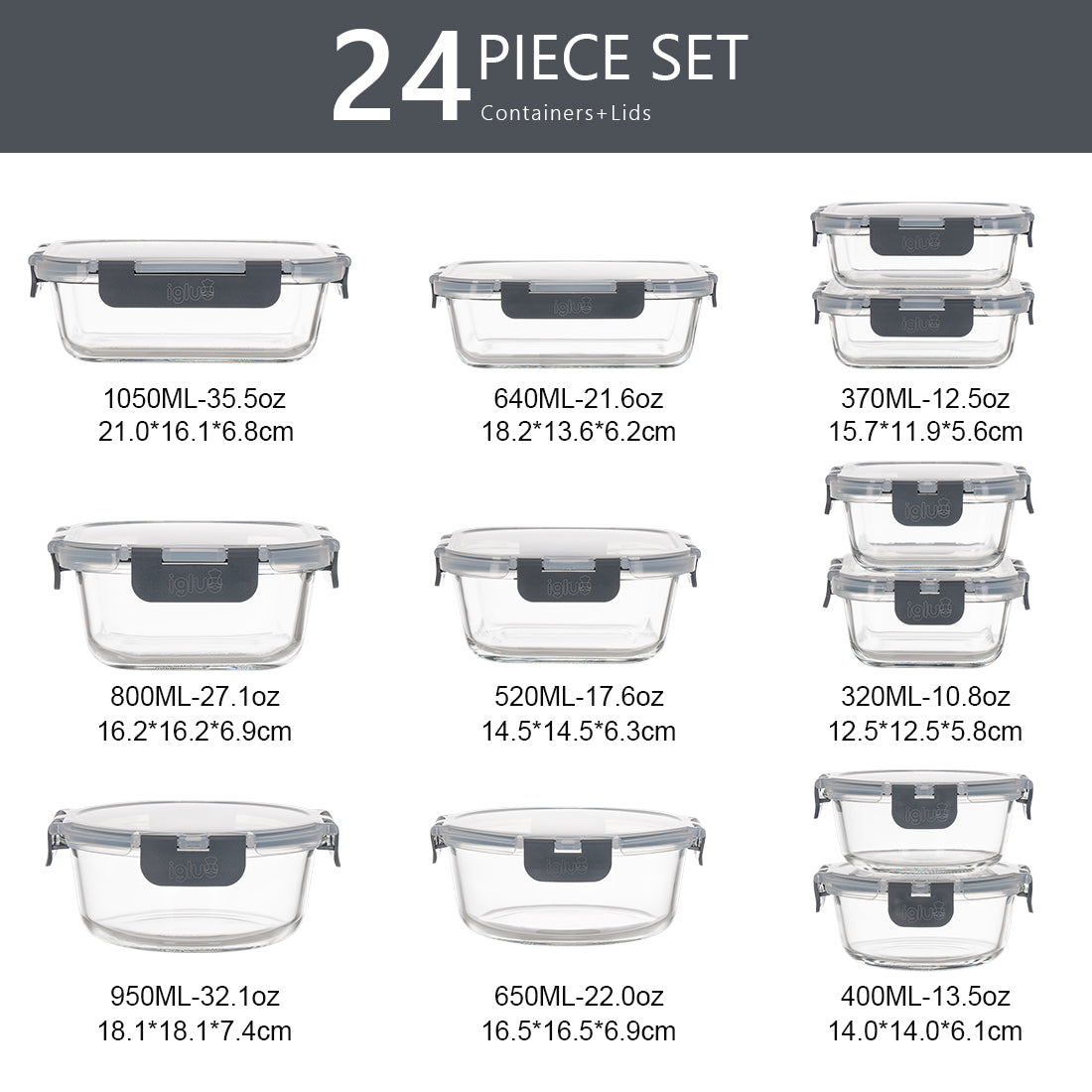 Glass Food Storage Containers with Airtight Lids - Assorted Sizes - 12 PACK