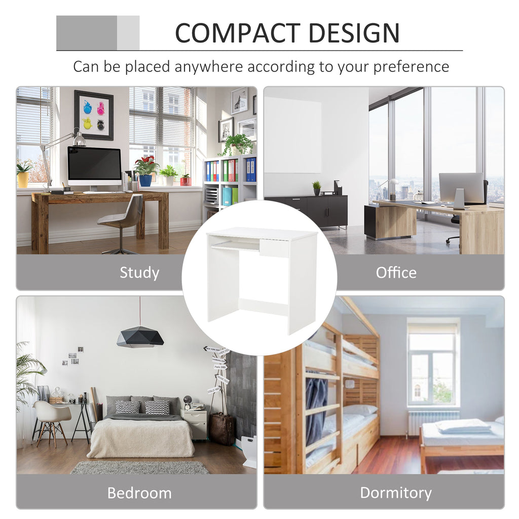 Compact Computer Desk with Keyboard Tray, Home Office Desk with Drawer for Bedroom Study, White