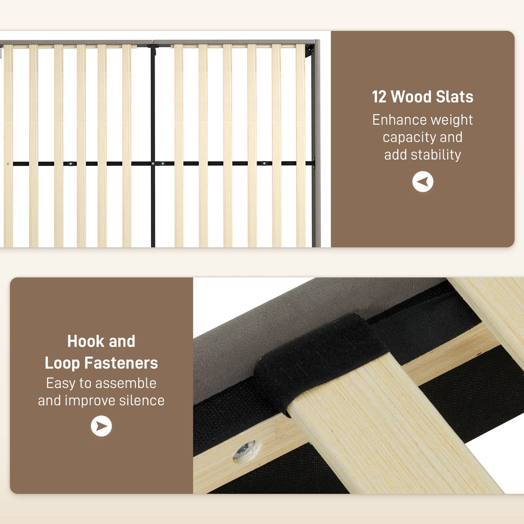 Double Bed Frame with 5-Level Adjustable Headboard Wooden Slats