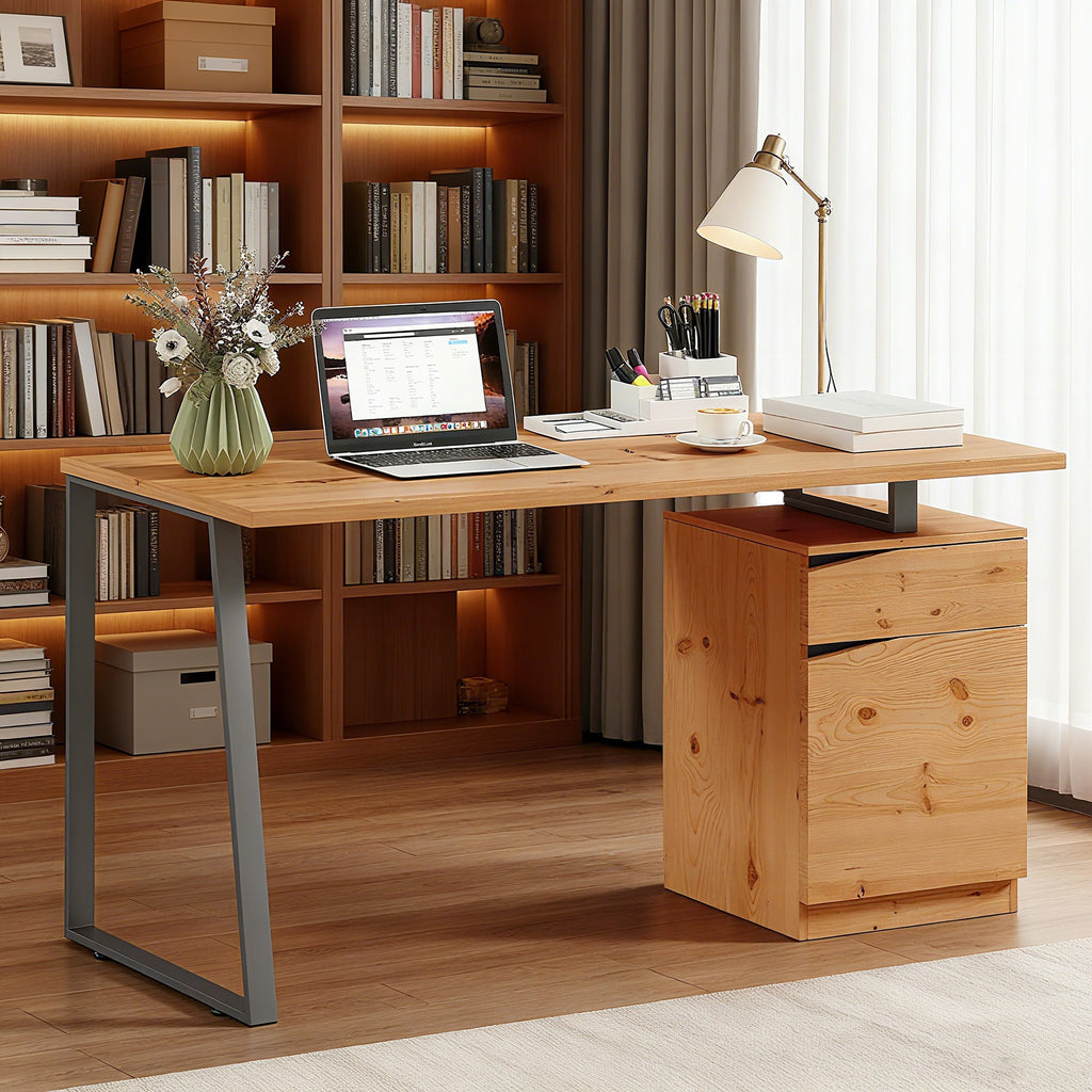 Computer Desk, Writing Desk with Cabinet, Drawer, Metal Legs, Work Table for Home Office Study, Natural Wood Finish Natural wood finish