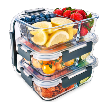 3-Compartment Glass Containers with Airtight Lids 980ml 3 Pack