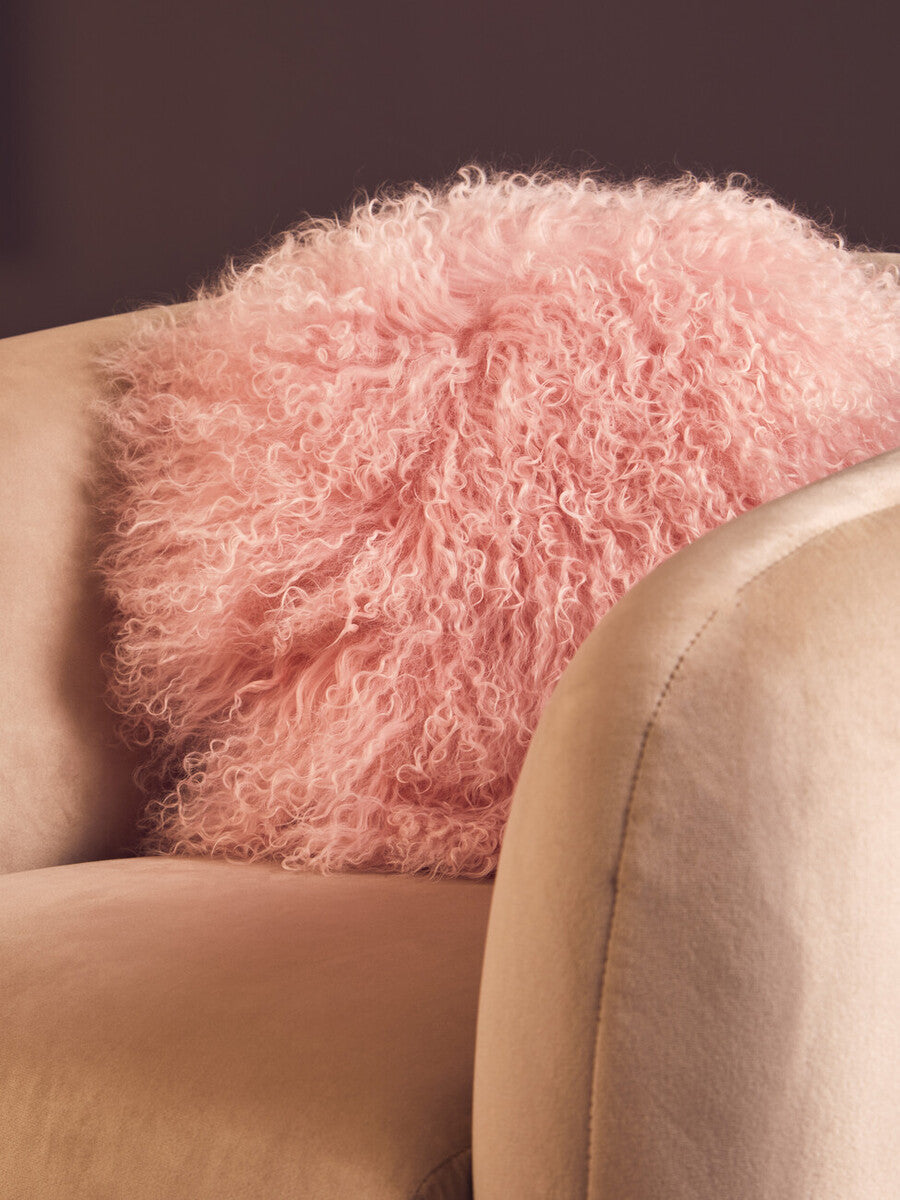 Real Mongolian Fur Pink Round Cushion