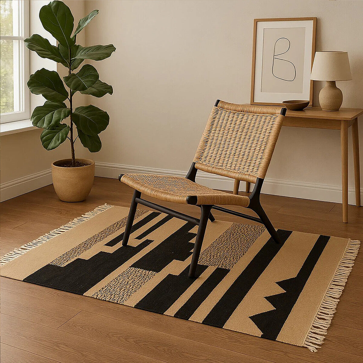 Small Sand and Black Braided Rug