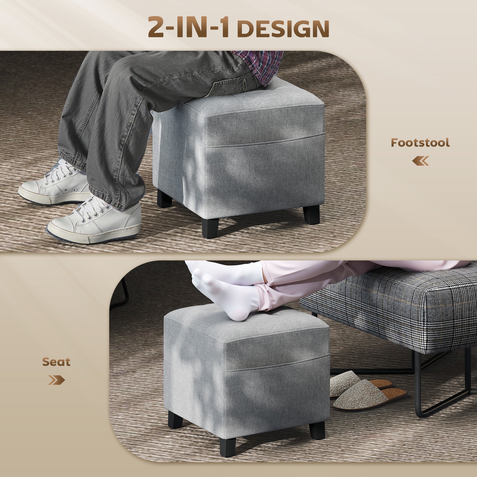 Square Footstool, Small Ottoman with Side Pocket, Linen Fabric Footrest with Rubber Wood Legs and Padded Seat, Light Grey