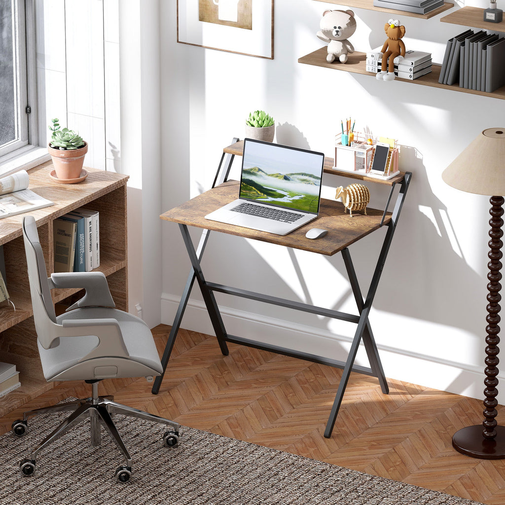 Folding Computer Desk with Monitor Shelf - Rustic Brown 81.5 cm Rustic Brown