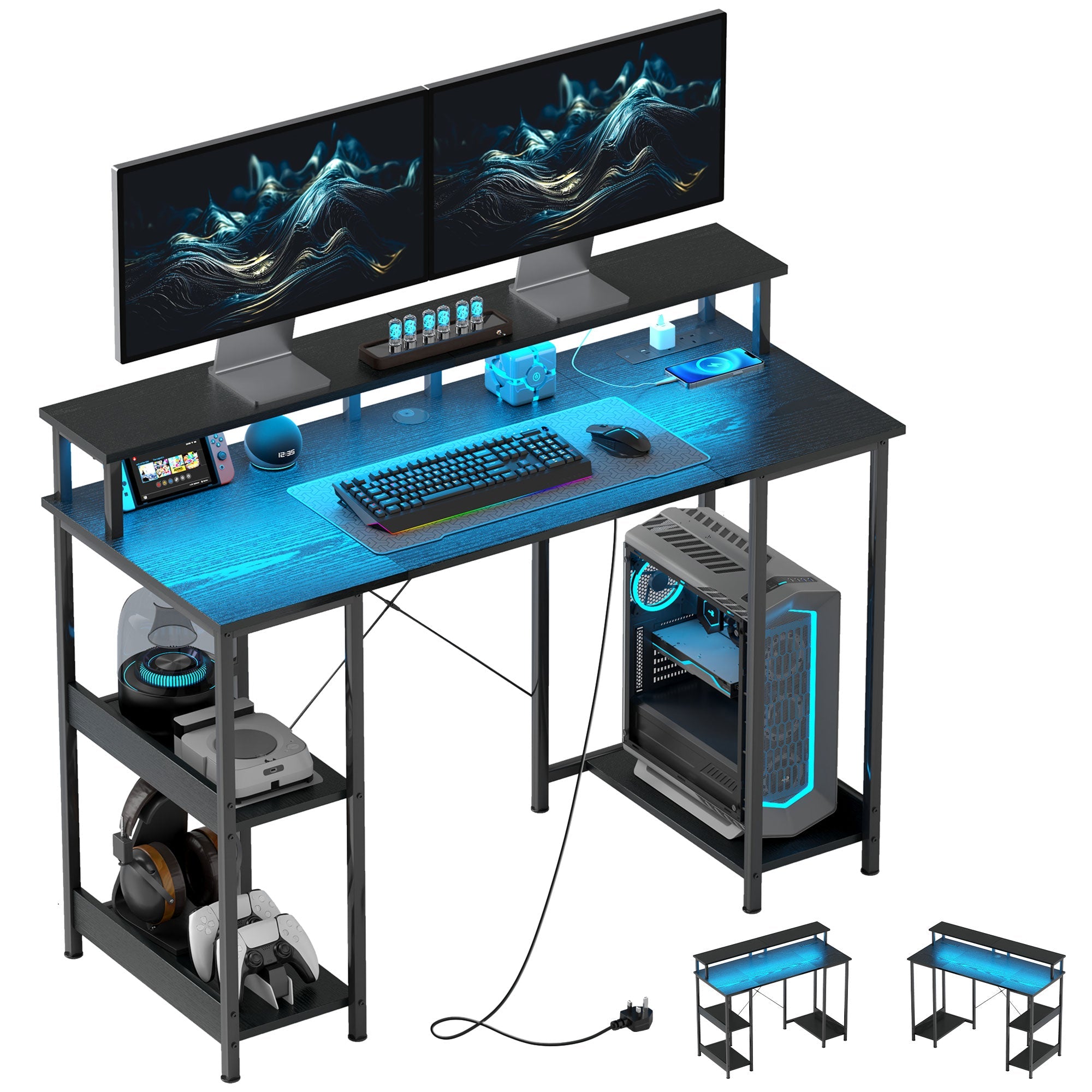 Computer Desk with Power Outlets and LED Lights, 120 x 50cm Reversible Home Office Desk with Monitor Stand and 2-Tier Storage Shelves, Gaming Desk with Cable Management, Black Black