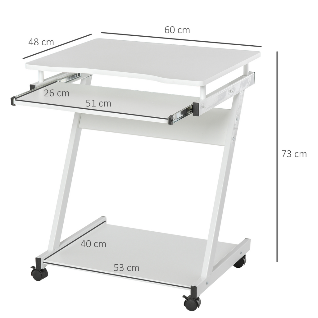 Movable Computer Desk with 4 Moving Wheels Sliding Keyboard Tray White