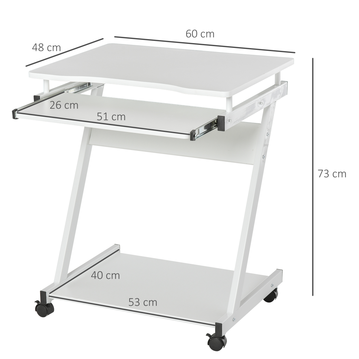 Movable Computer Desk with 4 Moving Wheels Sliding Keyboard Tray White