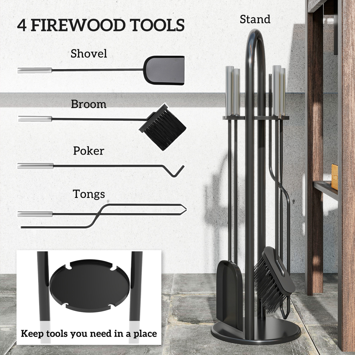 5 PCS Fireplace Companion Set, Metal Fireside Companion Set, Silver