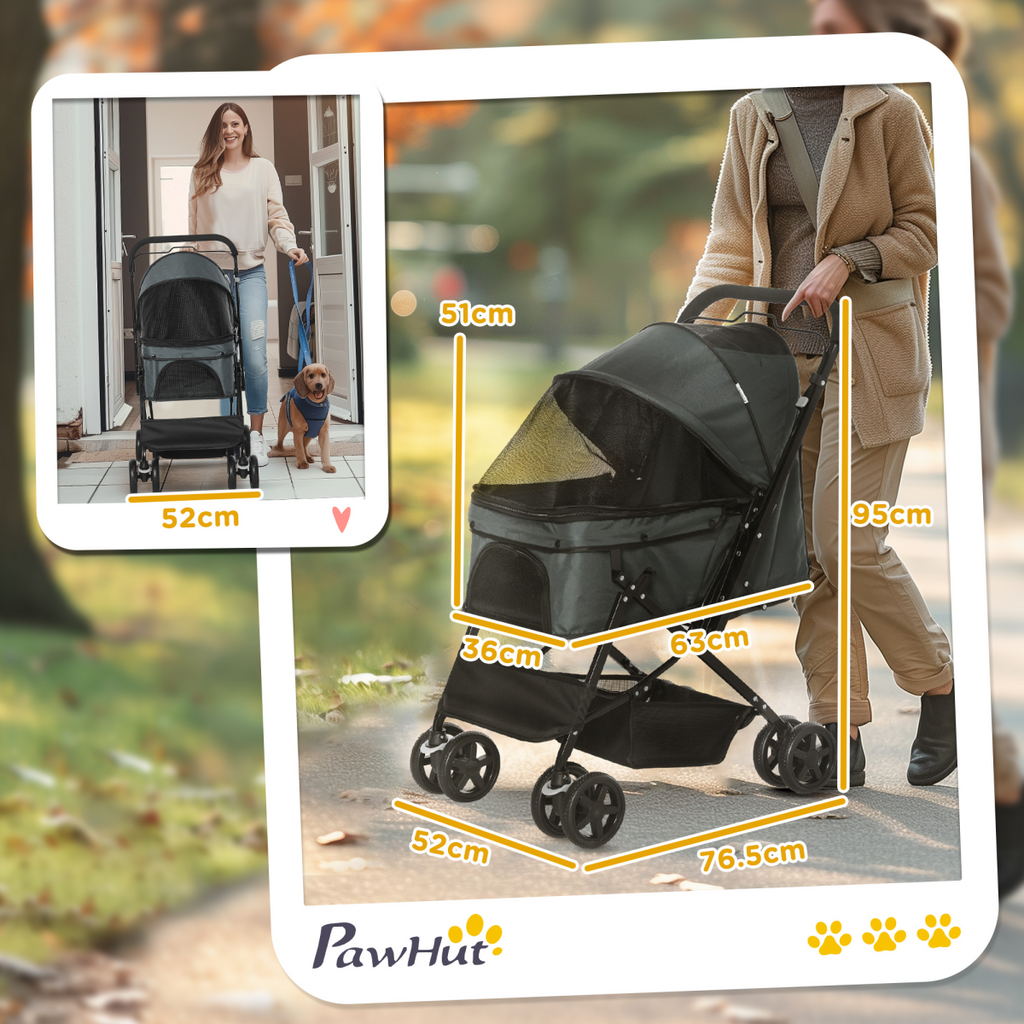 Pet Stroller - Foldable Dog Carriage w/ Reversible Handle - Grey