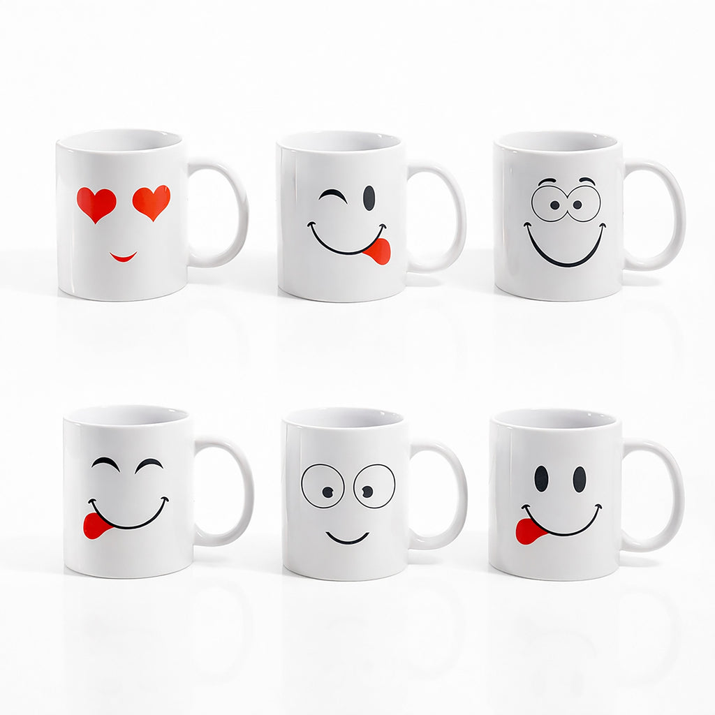 Set of 6 White Emoji Coffee Mugs – Dishwasher Safe Porcelain Tea & Hot Chocolate Cups