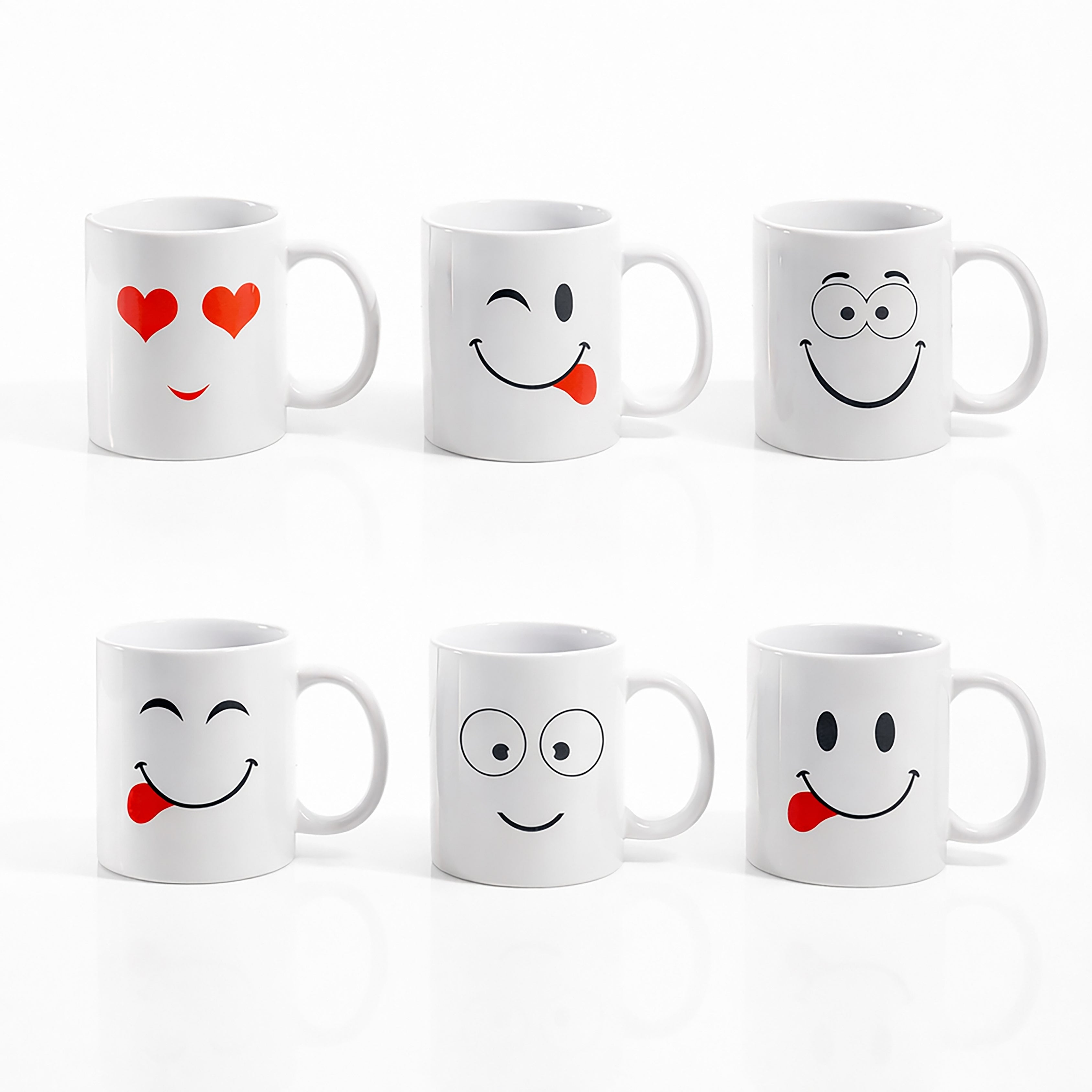 Set of 6 White Emoji Coffee Mugs – Dishwasher Safe Porcelain Tea & Hot Chocolate Cups
