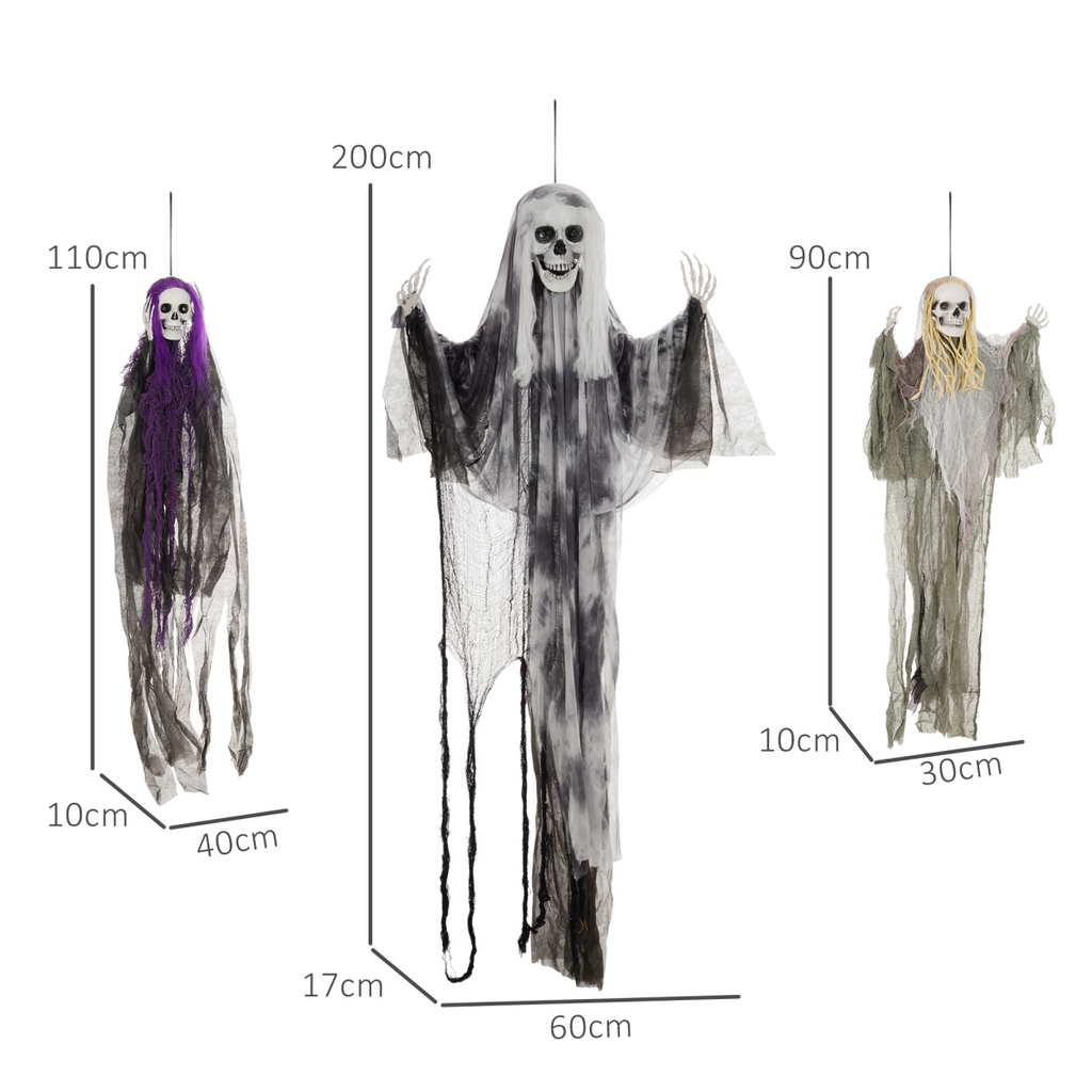 Set of 3 Hanging Skeleton, Flying Ghost Halloween Decorations