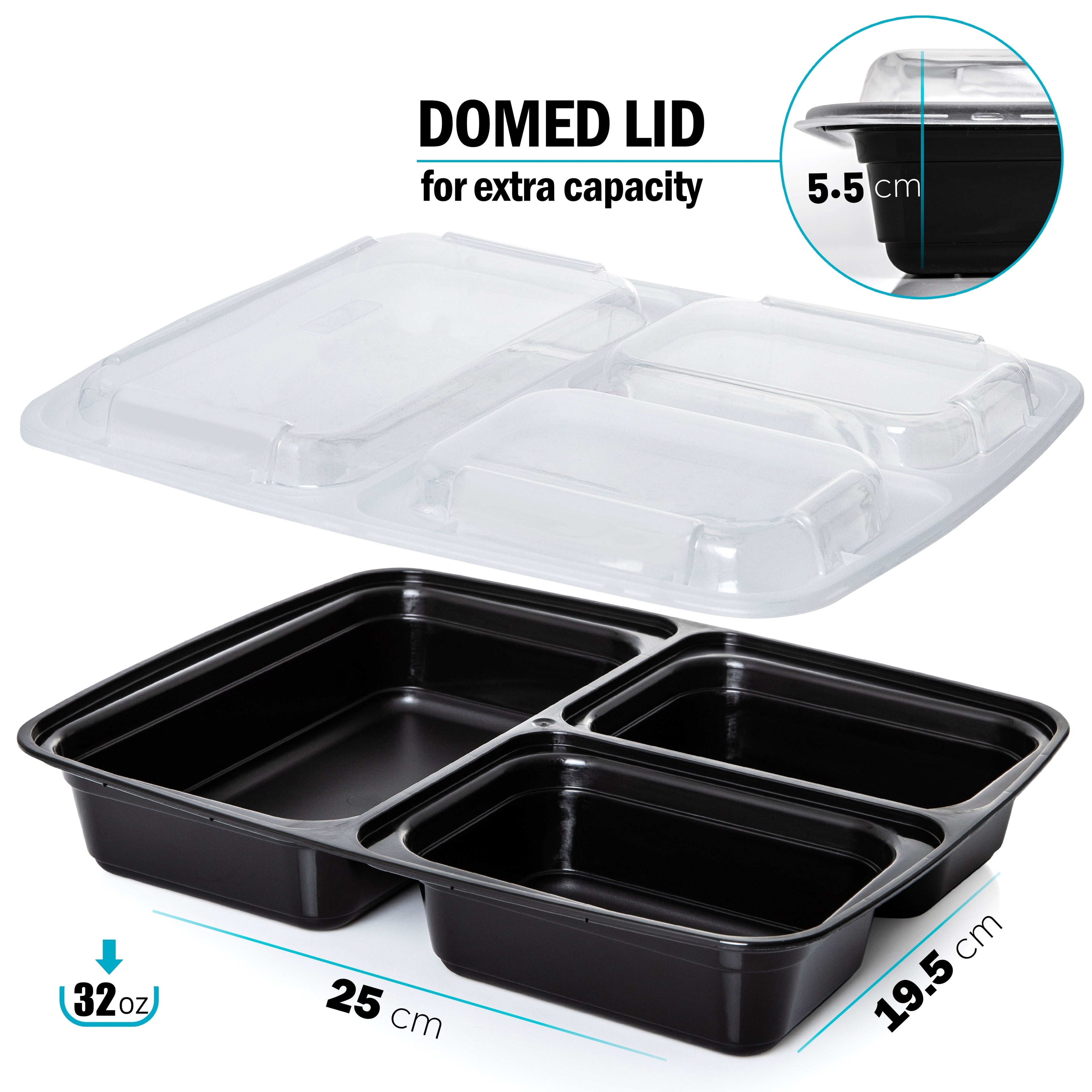 3-Compartment Reusable Containers with Airtight Lids - 946ml