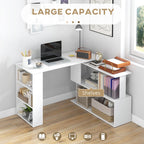 Corner Computer Desk, L Shaped Desk with 360° Rotating Bookshelf, 120L x 110W x 74.5H cm, White