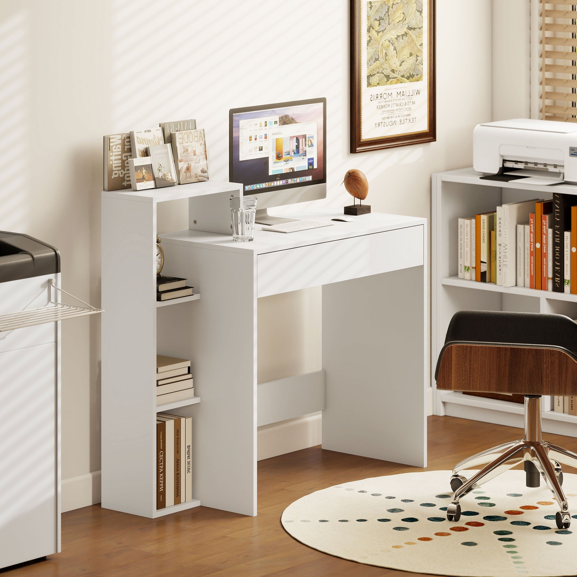 Desk with Storage, Computer Desk with 3 Open Shelves and Drawer, Workstation, Computer Table, White White