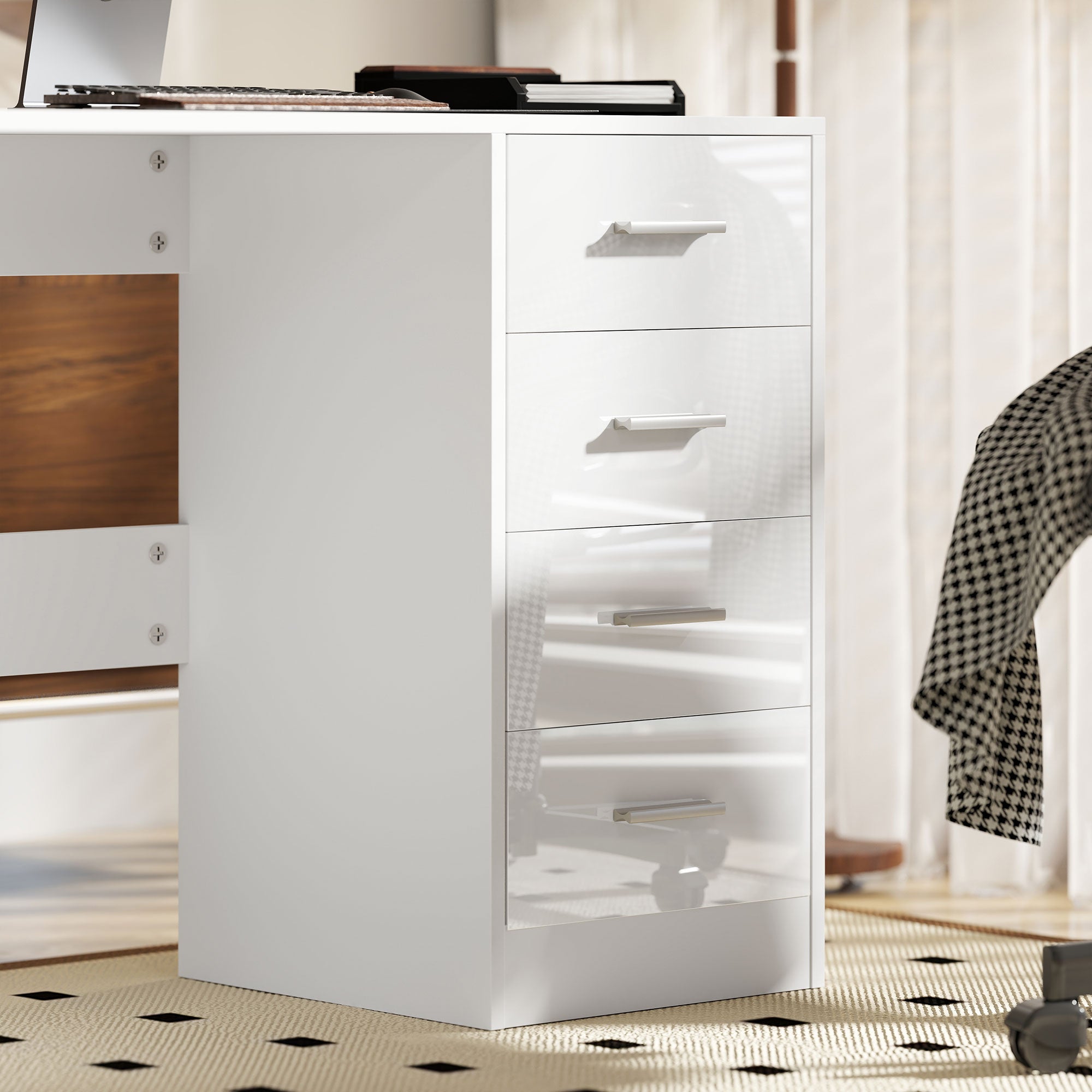 Computer Desk with Drawers, Dressing Table, High Gloss Home Office Writing Workstation, White