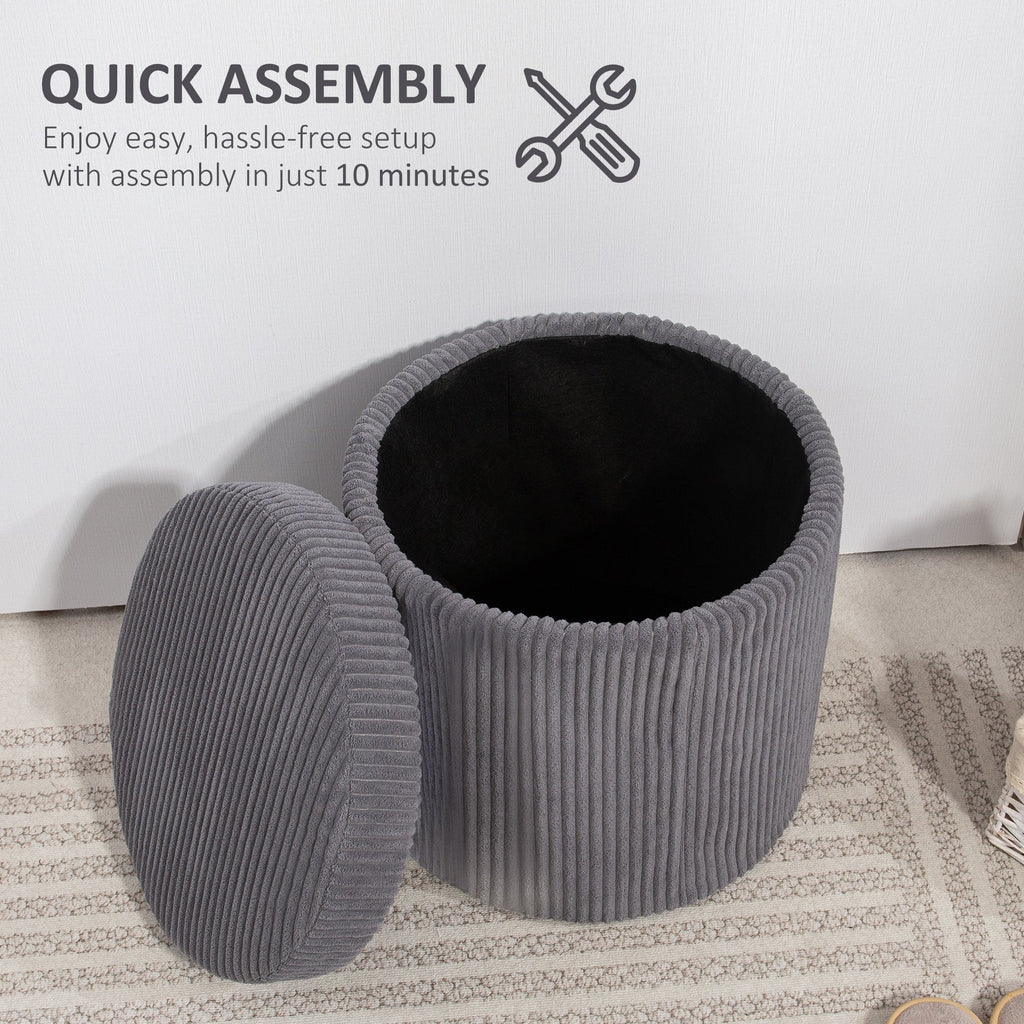 40cm Round Storage Ottoman, Corduroy Footstool with Removable Lid and Legs, Grey