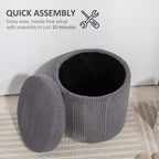 40cm Round Storage Ottoman, Corduroy Footstool with Removable Lid and Legs, Grey